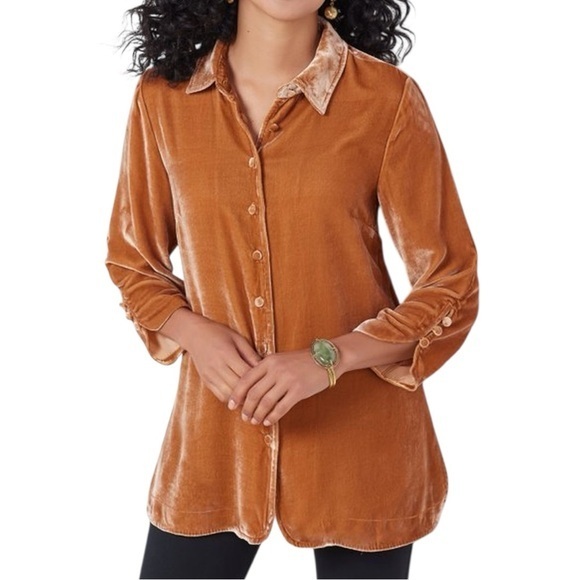 Soft Surroundings NWT Women’s Sz XS Gold Yellow Crushed Velvet Poets Tunic Shirt - Picture 1 of 9